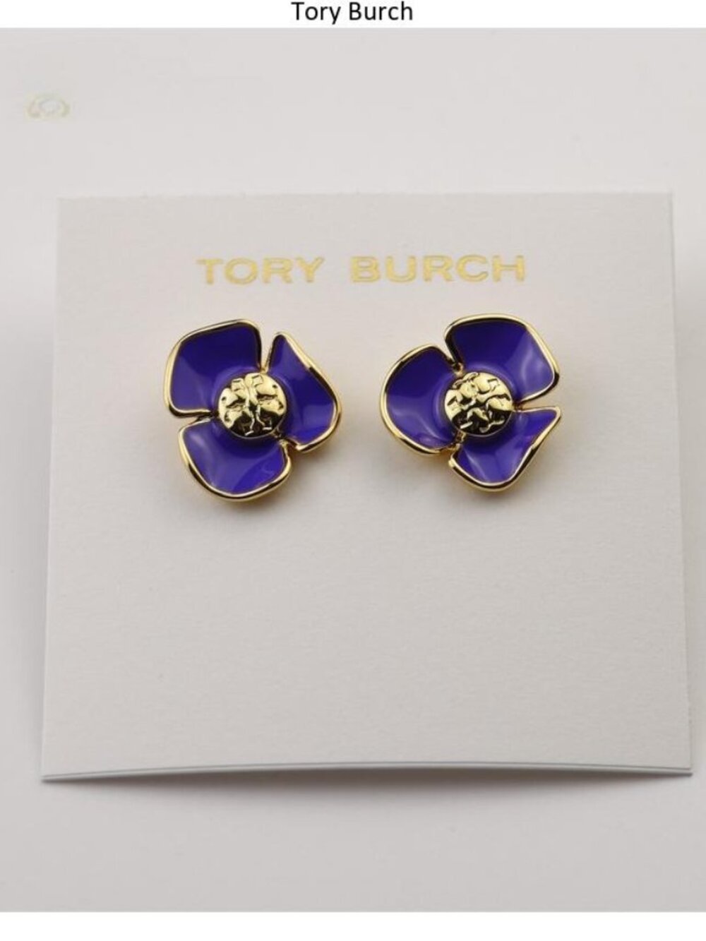 Tory Burch Purple Enamel Flower Stud Earrings with Gold Trim